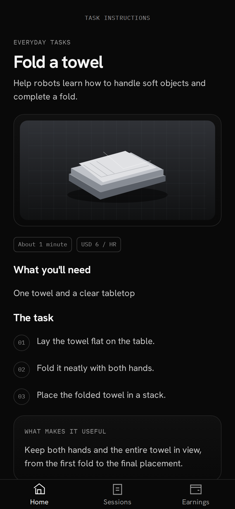 Towel folding instructions in the app
