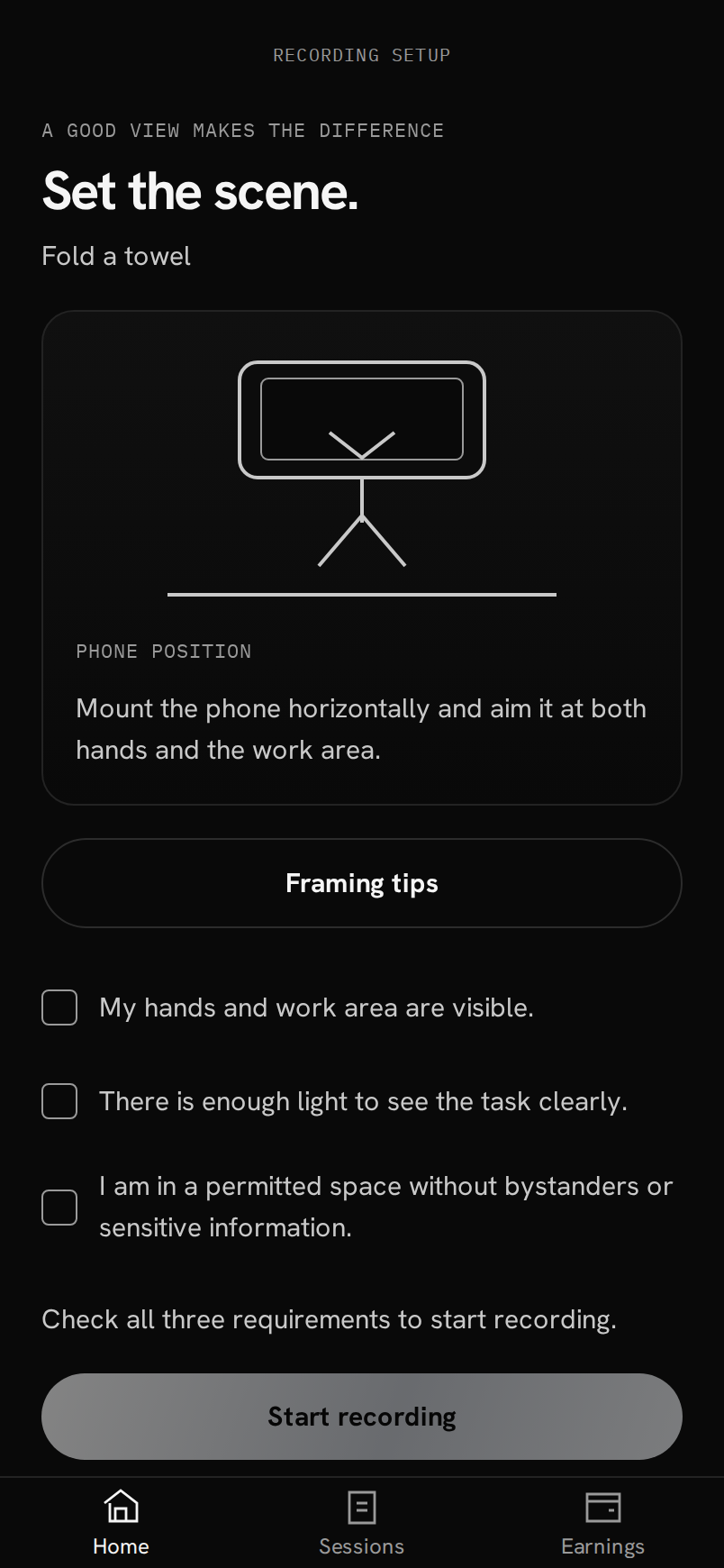Recording setup and visibility checklist